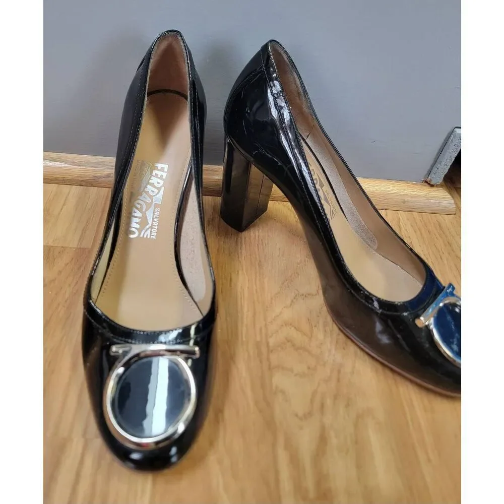 Salvatore Ferrangamo  Black Patent  Leather Ena Gancini Block Heel 8.5